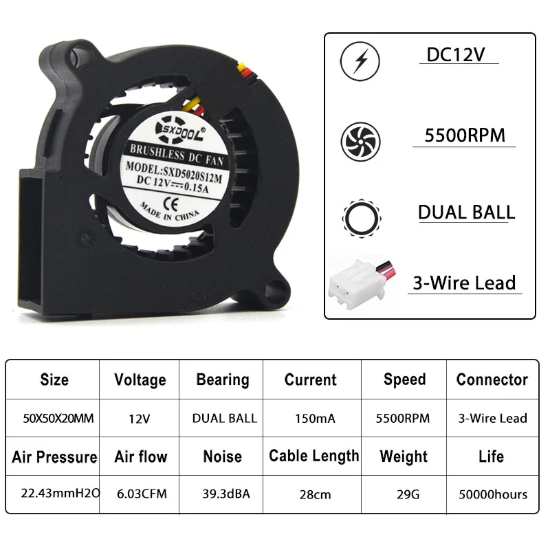 

1pcs new blower Dual Ball 50mm 5020 50*50*20 24V 5500RPM Cooling Fan 2PIN 5CM For 3D Printer Cooling Turbine Blower Fan Coole