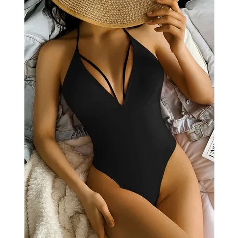 2023 купальники, цельный сексуальный купальник, женский черный монокини, летний купальный костюм, пляжная одежда, купальный костюм с лямкой на шее