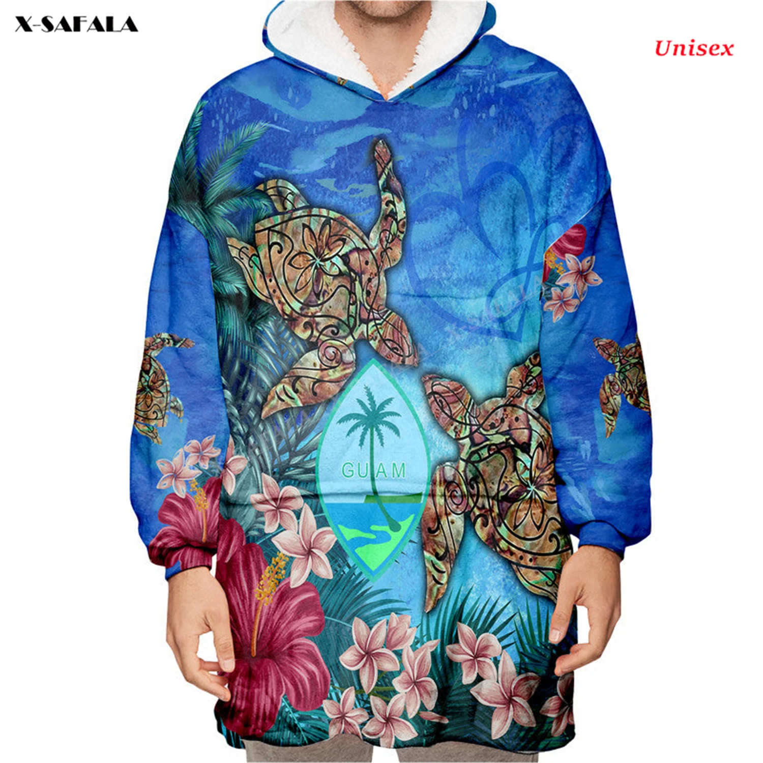Guam Turtle Hibiscus Ocean Of Love  Winter Oversized Hooded Wearable Blanket Robes Thicker Flannel Pocket Men Female Sleepwear