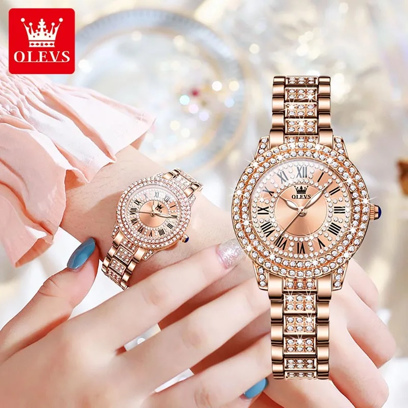OLEVS Quartz Watch 2023 Brand New Women Watch Luxury Diamond Case Rose Gold Casual Clock Womens Watches Waterproof Shockproof