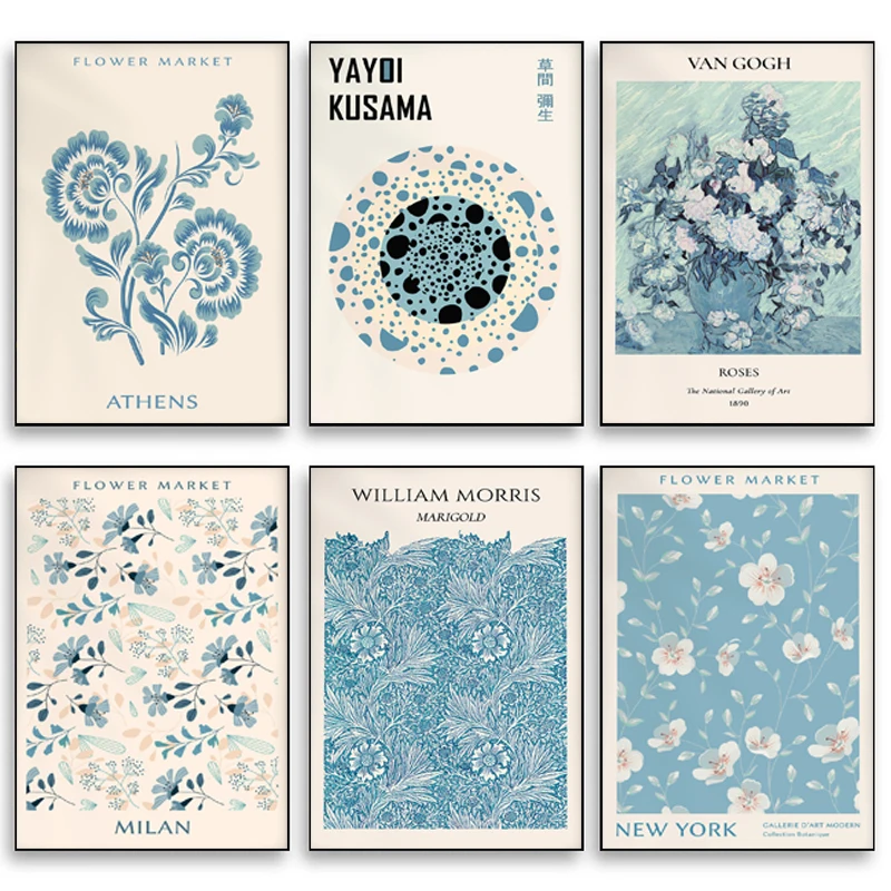 Голубые цветы минималистичные постеры и принты растений ретро абстрактное