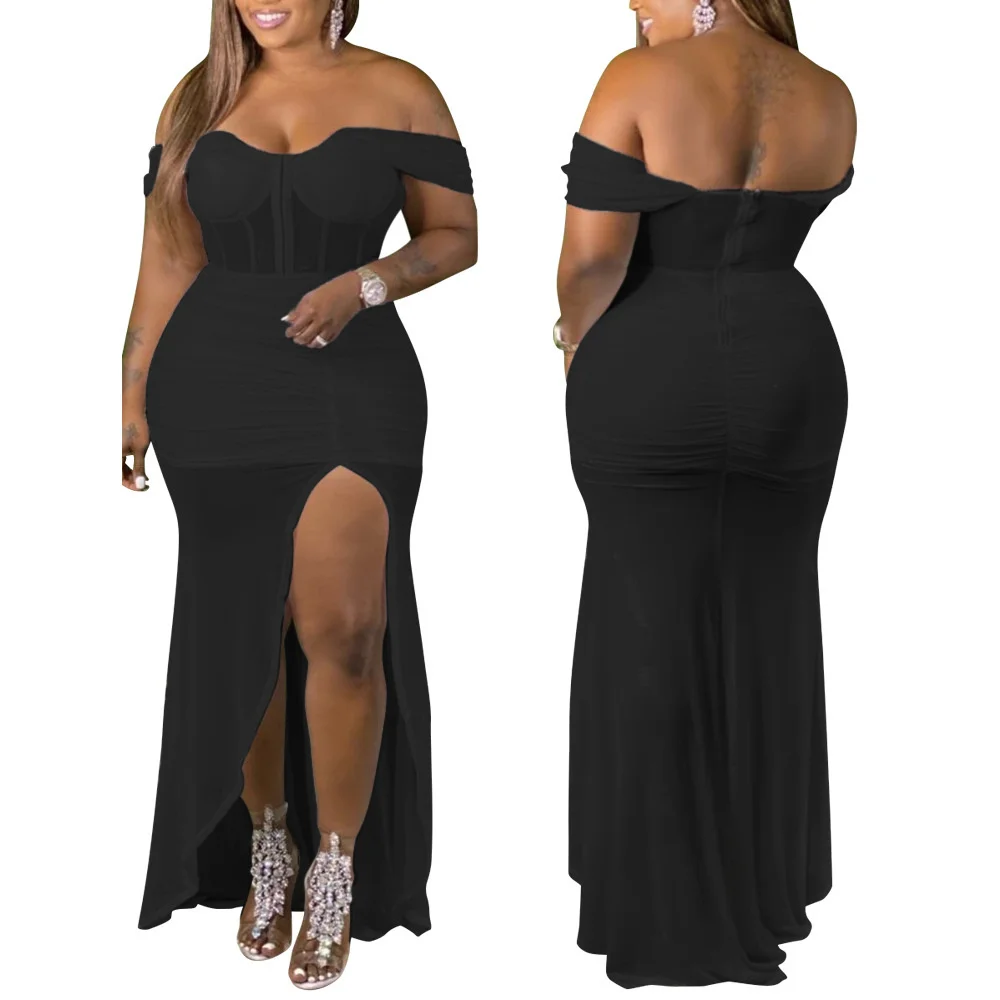 

Plus Size 5XL Party Dress Elegant Women One Shoulder Solid Backless Irregular Split Maxi Birthday Outfits Wholesale Dropshipping