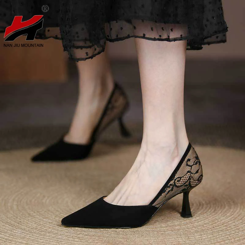 2022 г. тонкие туфли на шнуровке женские пикантные черные высоком каблуке с острым