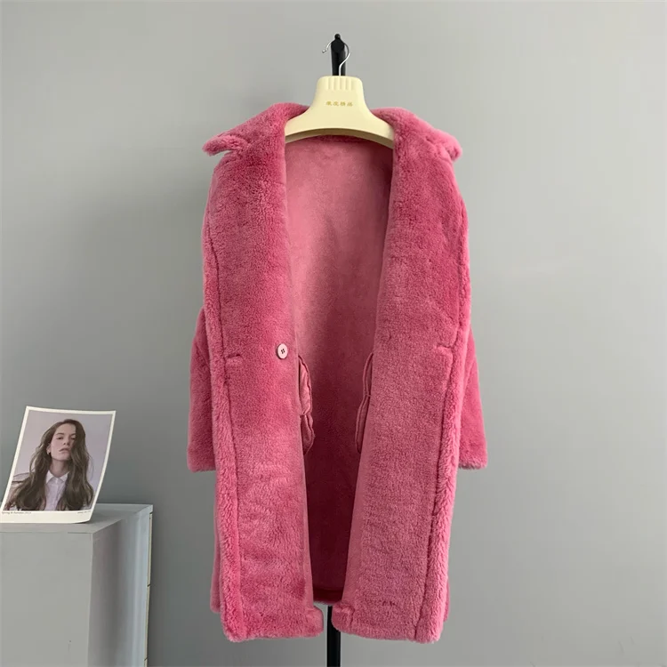 Winter Jacket Women Real Fur Coat 100% Wool Woven Fabric Thick Warm Outerwear Oversize Fashion Streetwear Teddy Bear Coats