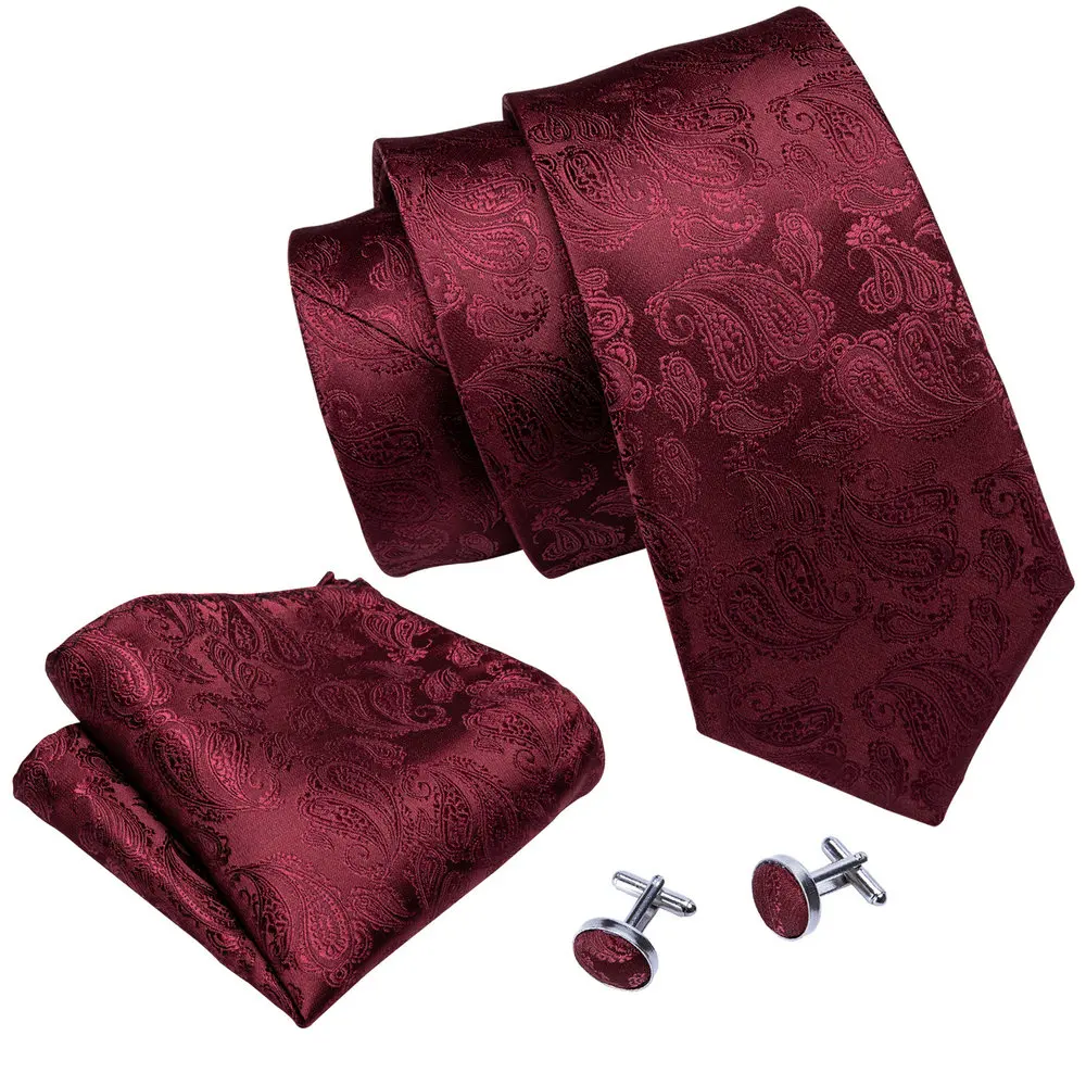 

Wine Red Paisley Silk Ties For Men With Pocket Square Cufflinks Set Classic Suit Male Neckties Wedding Party Business Barry.Wang