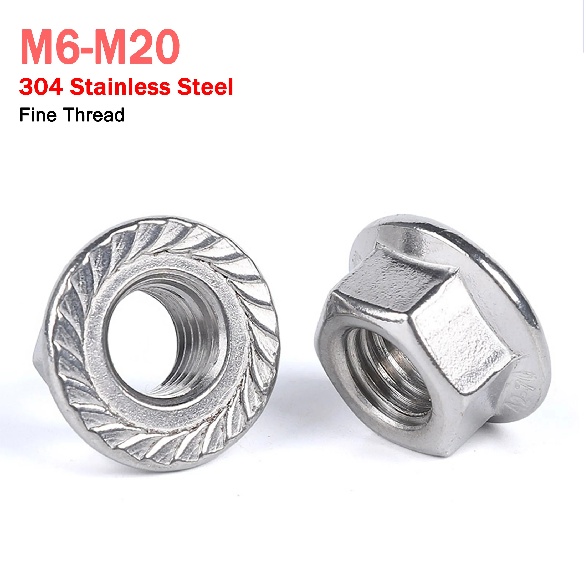 

M6x0,75 M8x1 M10x1 M10x1,25 M12x1,25 — M20x1,5, нержавеющая сталь 304, фланец с тонкой резьбой, шестигранная гайка, зубчатые фланцевые стопорные гайки DIN6923