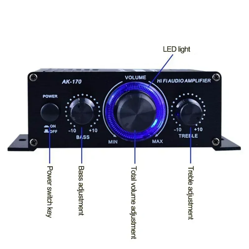 AK170 Mini Digital Power Audio Car Amplifier Blue Light Stereo for Home Theater Club Party Music 200W x2