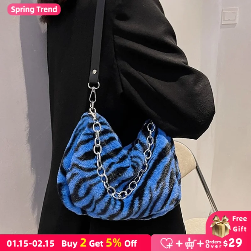 

Leopard Pattern Women Plush Underarm Bag Fashion Faux Fur Ladies Small Shoulder Bags Vintage Design Female Messenger Bag Handbag