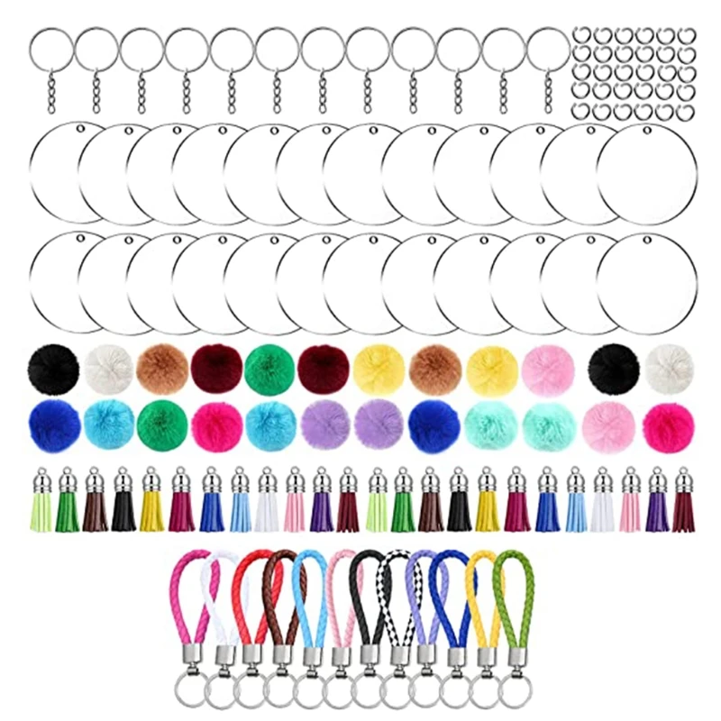 

Acrylic Round Shape Keychains Blank Colorful Tassels Metal Decoration Keyrings