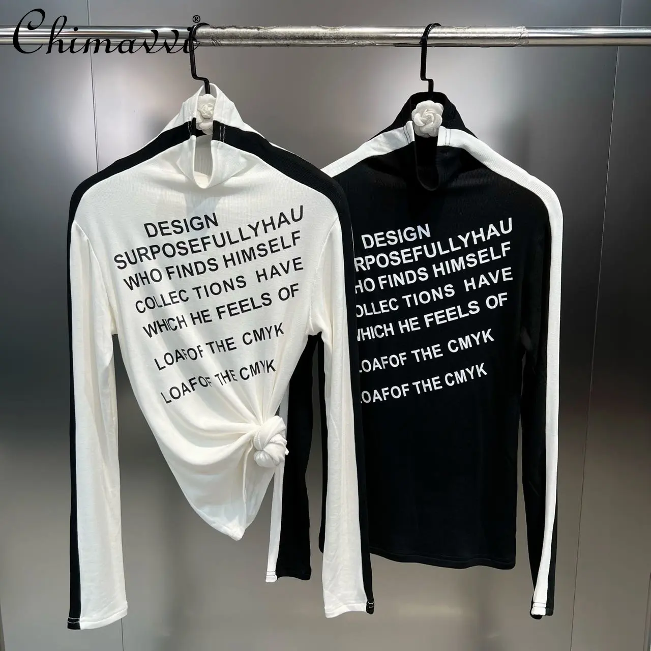 

Spring 2023 High Collar Long Sleeve Black White Contrast Color letter fleeced T-shirt women's fashion casual simple top tees