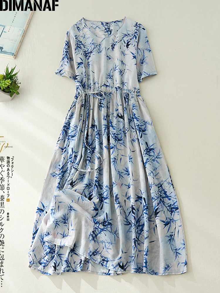 

DIMANAF Summer Women Dress Floral Bohemian Elegant Lady Maxi Long Dress Oversize Loose Casual Cotton Linen Pleated With Belt