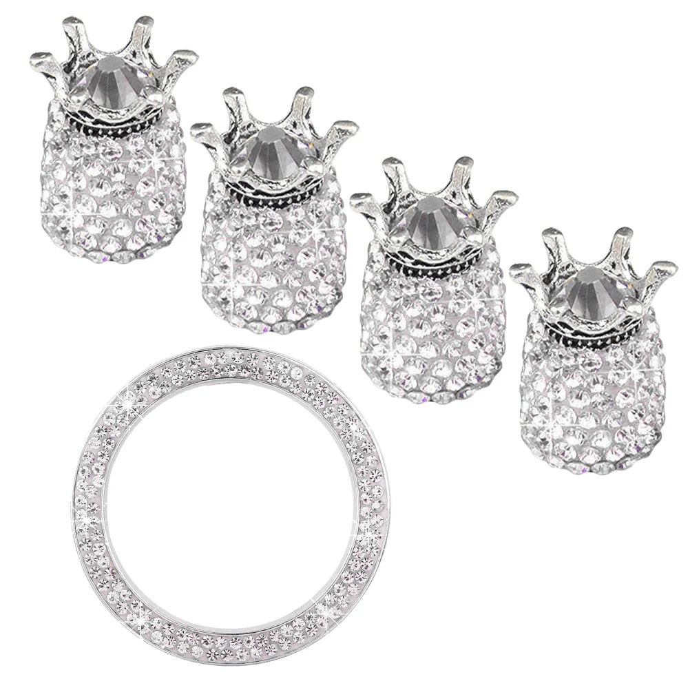 

5 PCS/Set Tire Air Caps Bling Tire Valve Caps Metal Stickers Start Engine Button Ring Car Start Button Bling Crystals Decor