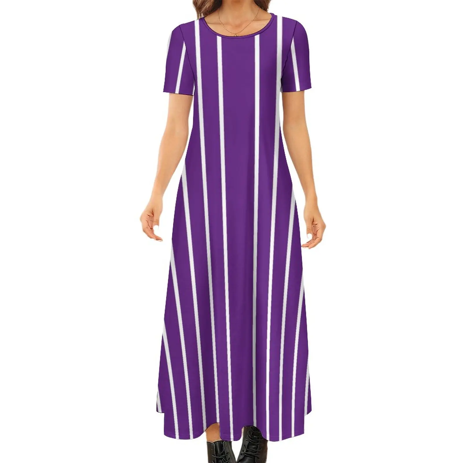 

Purple And White Striped Dress Vertical Stripes Print Modern Maxi Dress Short Sleeve Aesthetic Bohemia Long Dresses Big Size 7XL