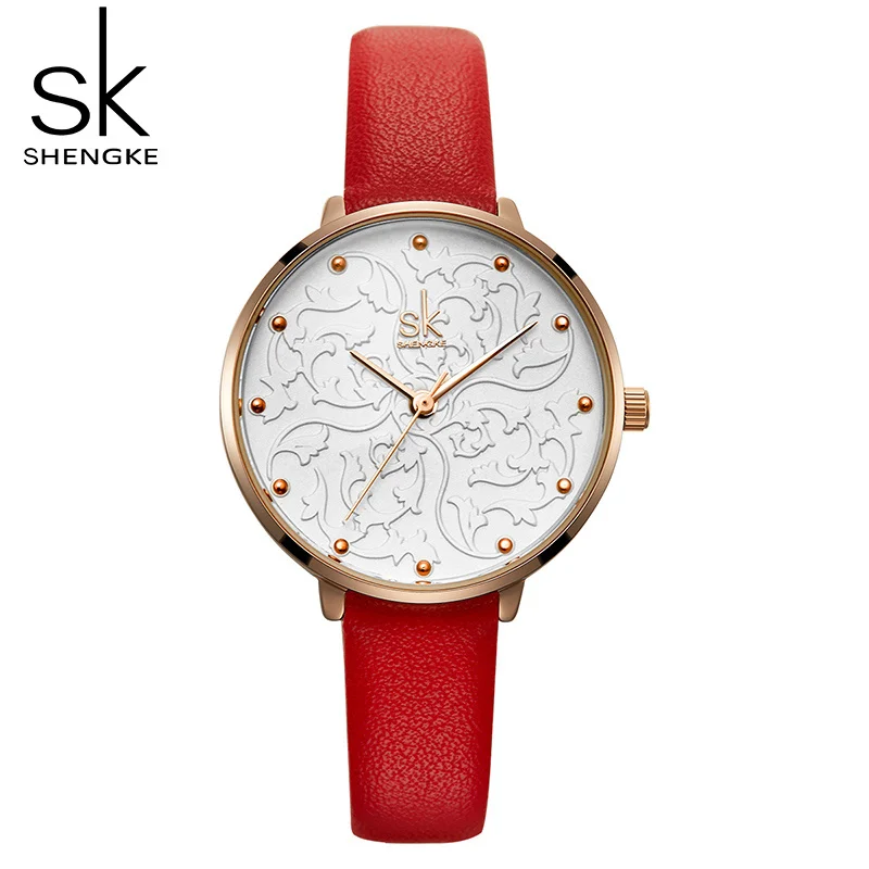 

Часы наручные SHENGKE SK женские кварцевые, модные повседневные Роскошные, с красным ремешком