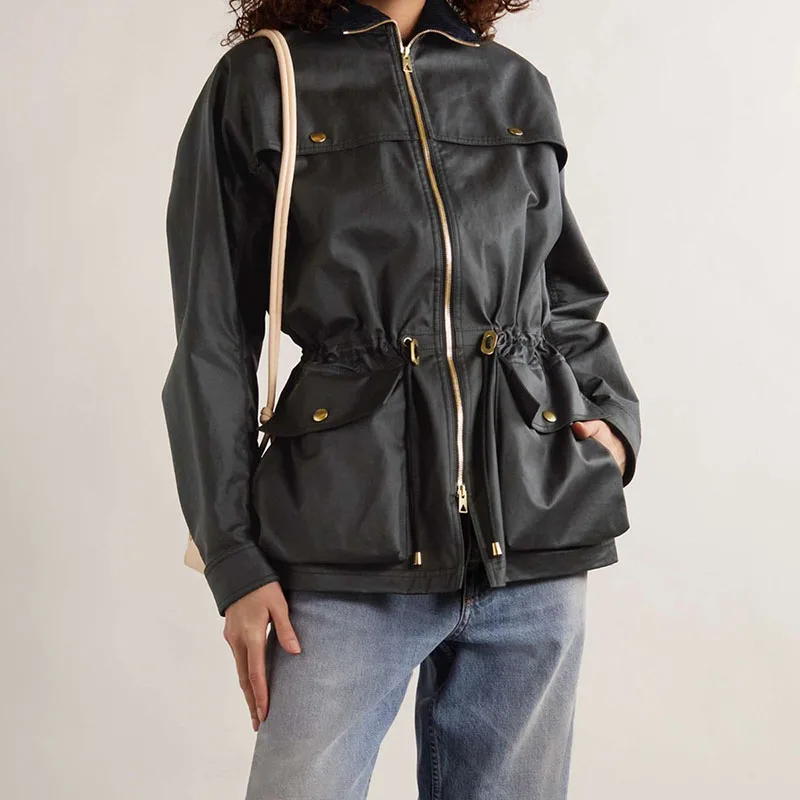 

Women's autumn new style, drawstring waist closure waterproof coating zipper three-dimensional pocket jacket jacket y2k2023