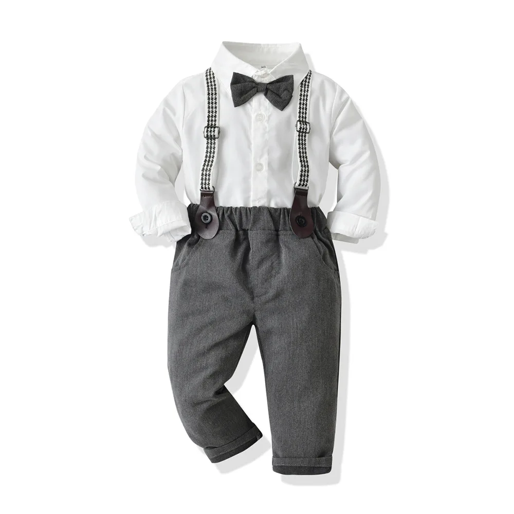 Baby Clothes Boy Fashion Boys  Long Sleeve White Blouse Shirt Tops with Suspender Pants Gentleman Wedding Birthday Suit