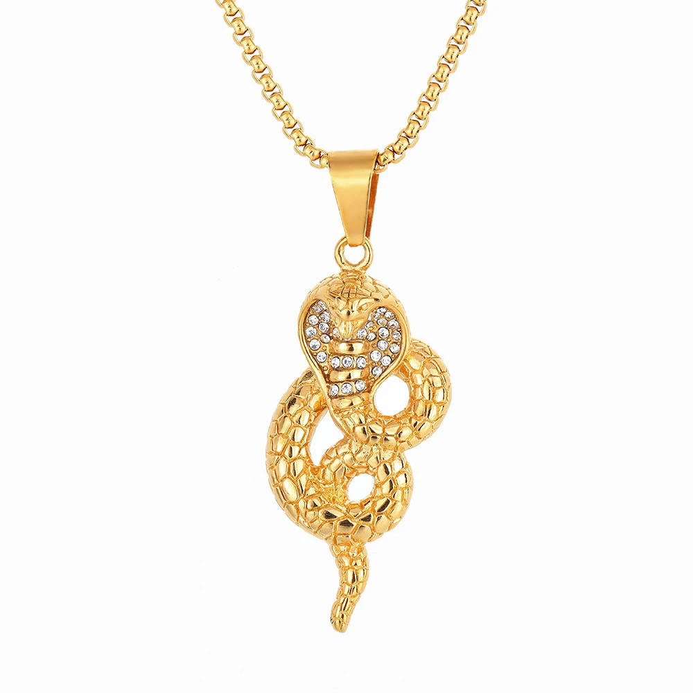 

Hip Hop Iced Out Bling Cobra Snake Pendant Statement Gold Color Stainless Steel Animal Necklace For Men Women Jewelry Gift