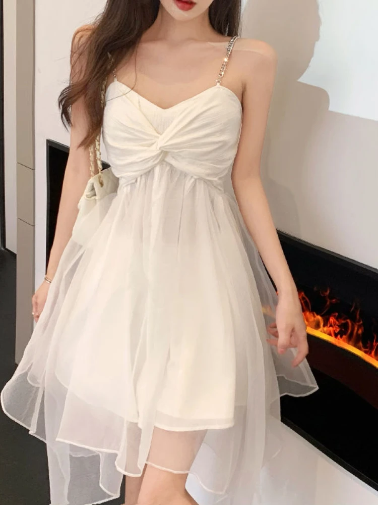 

Sexy Slip Dress Women White Elegant Fairy Dresses Sleeveless Mesh Patchwork Korean Fashion Chic Sundress 2023 Summer