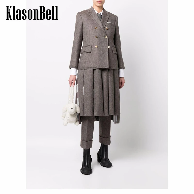 

12.27 KlasonBell Fashion Herringbone Double Breasted Lining Print Blazer Or Straight Pants Or Pleated Skirt Set Women
