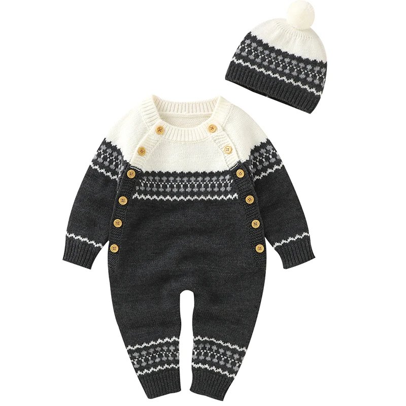 2022 Baby Rompers Knitted Print Pattern Newborn Boy Girl Jumpsuits Cap Outfit Set Autumn Winter Toddler Infant Overall Clothes