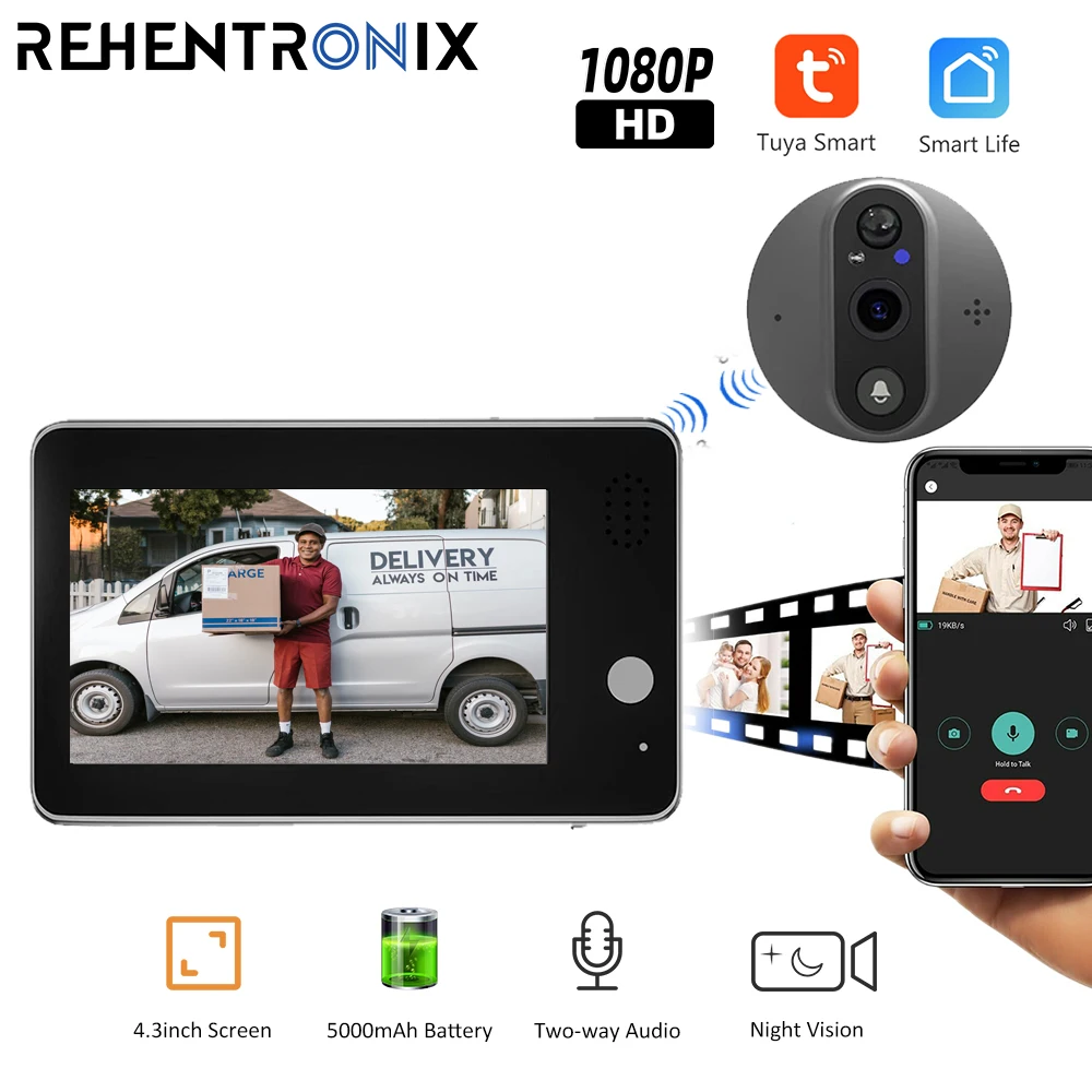 

Звонок дверной с Wi-Fi и ЖК-дисплеем 1080 дюйма, 4,3 P