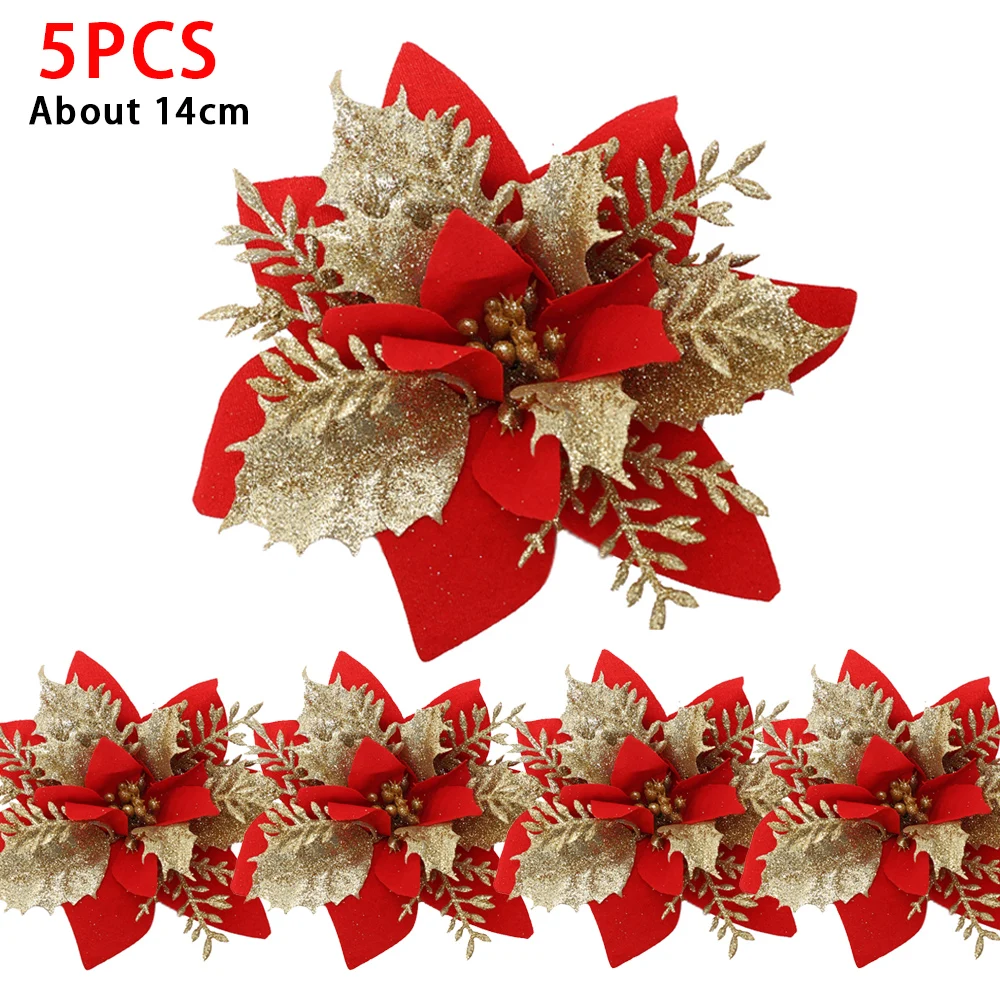 Искусственные рождественские цветы 5/10 шт. красные золотые