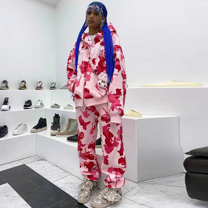

INS Street American Personalized Printed Hooded Coat Set for Women's Spring and Autumn 2023 New Loose Straight Leg Tights