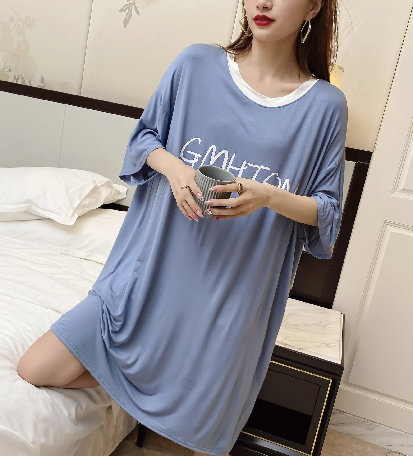 Summer with modal printed letters T-shirt dress code household contracted short-sleeved dress comfortable big skirt loose