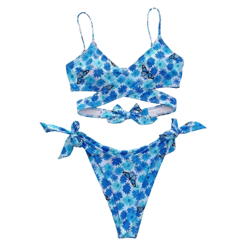 

Bikini Set Cross Wrap Top Side Tie Thong Blue Floral Swimsuit