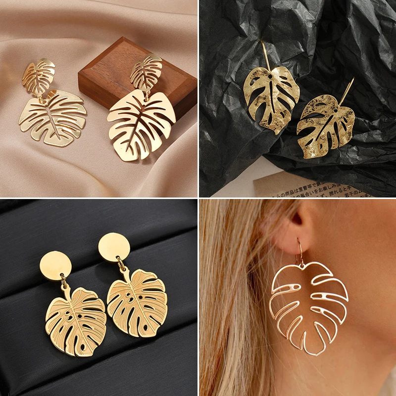 

Vintage Ethnic Monstera Leaf Dangle Earrings for Women Multiple Style Golden Leaves Pendant Earings Statement Jewelry Brincos