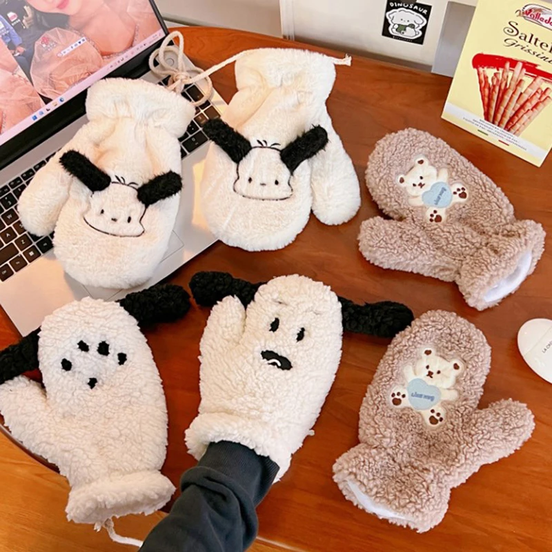

Cartoon Winter Gloves for Women Girl Cute Bear Dog Printed Thermal Knitted Gloves Windproof Winter Warm Mittens Glove Soft