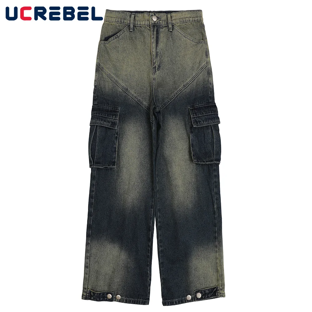 Gradient Dyed Denim Pants Mens Streetwear Multi-Pocket Baggy Jeans High Street Color Block Straight-leg Pants Trousers Men