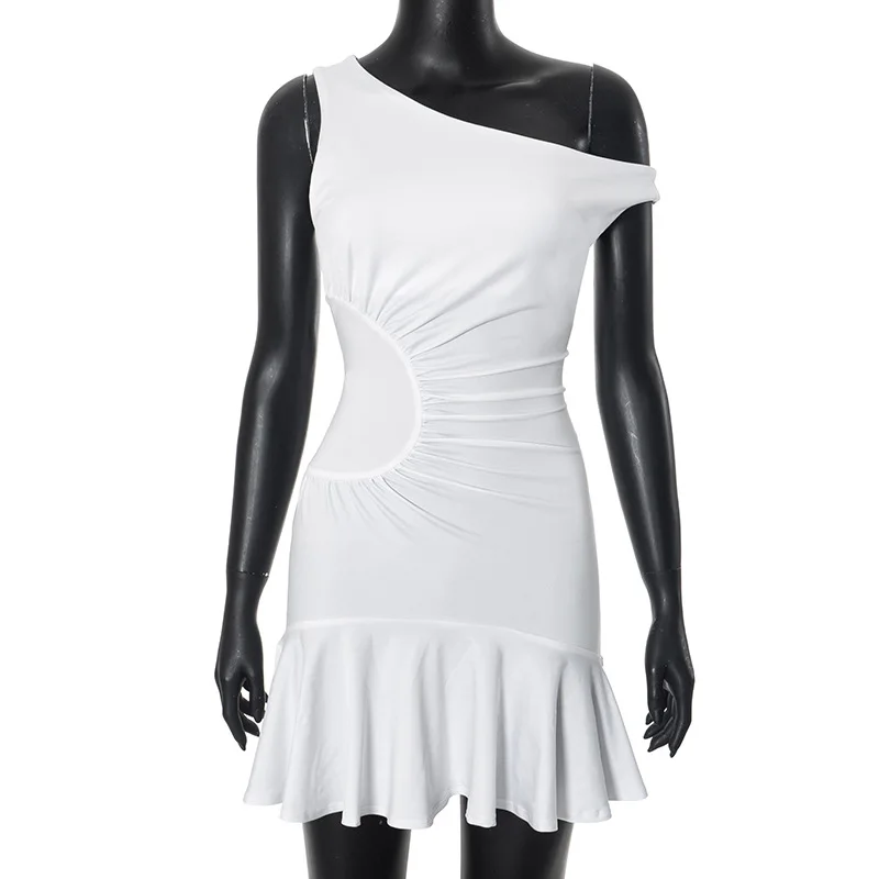 H24DS039 женское 2024 летнее однотонное стройнящее платье с косым воротником и высокой