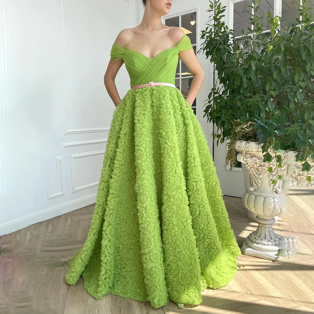 

Зеленое роскошное платье с открытыми плечами для выпускного вечера, Женское Платье трапециевидного силуэта, вечернее платье принцессы для ...