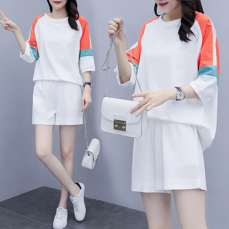 

Summer Two Matching Sets for Women Short Sleeve Casual Clothing Suit Fashion Female Patchwork Straight Tops Sportswear Outfits