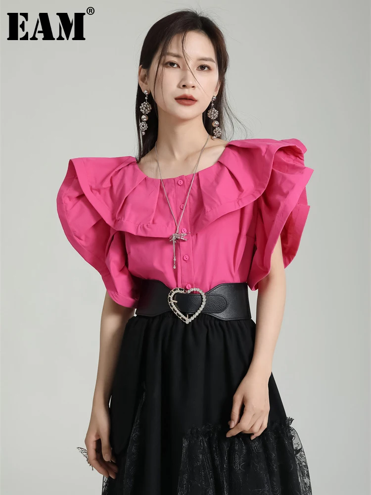 

[EAM] Женская белая блузка с оборками, новинка, круглый вырез, короткий рукав, свободный крой, рубашка, модная, весна-лето 2023 1DF6752