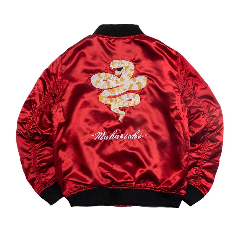 

Spring Oversize Bomber Jacket Men Sukajan Sleeve Pleated Embroidery Baseball Coat Red Black Grey Hip Hop Male Clothing 2023