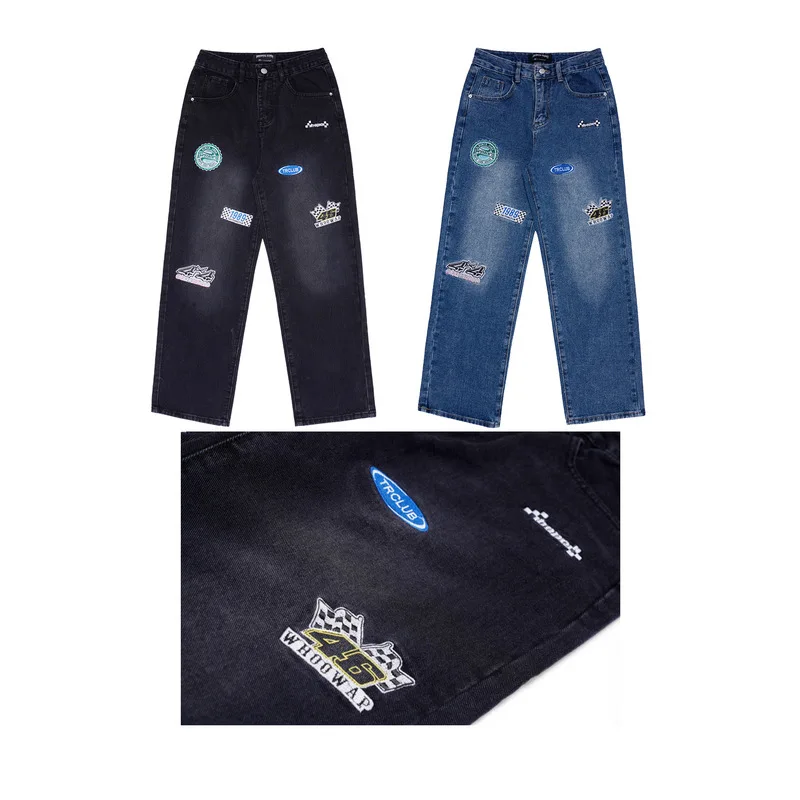 Four Seasons Jeans Men's Trend Embroidery High Street Hip-hop Straight Pants Tide Brand Loose Retro Casual Trousers Ins Hot Sale