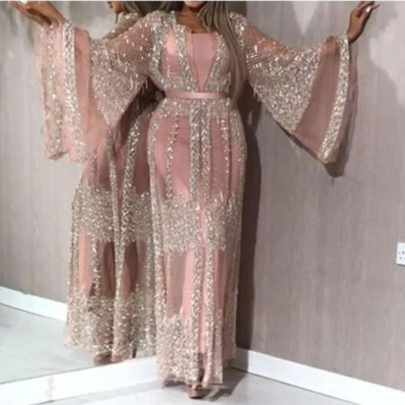 

2 pieces Sets Spring 2020 New Sequins Dress Women Sexy Lace Long Sleeve Evening Party Dresses Elegant Maxi Sexy Dress Robe Longu