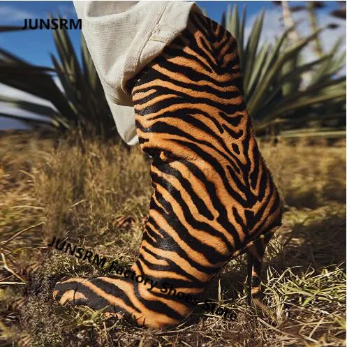 2022 Newest Thin Heels Mid-calf Boots Pointed Toe Brown Leopard Striped Women Suede Bootes Ladies Winter Short Slip On Booties