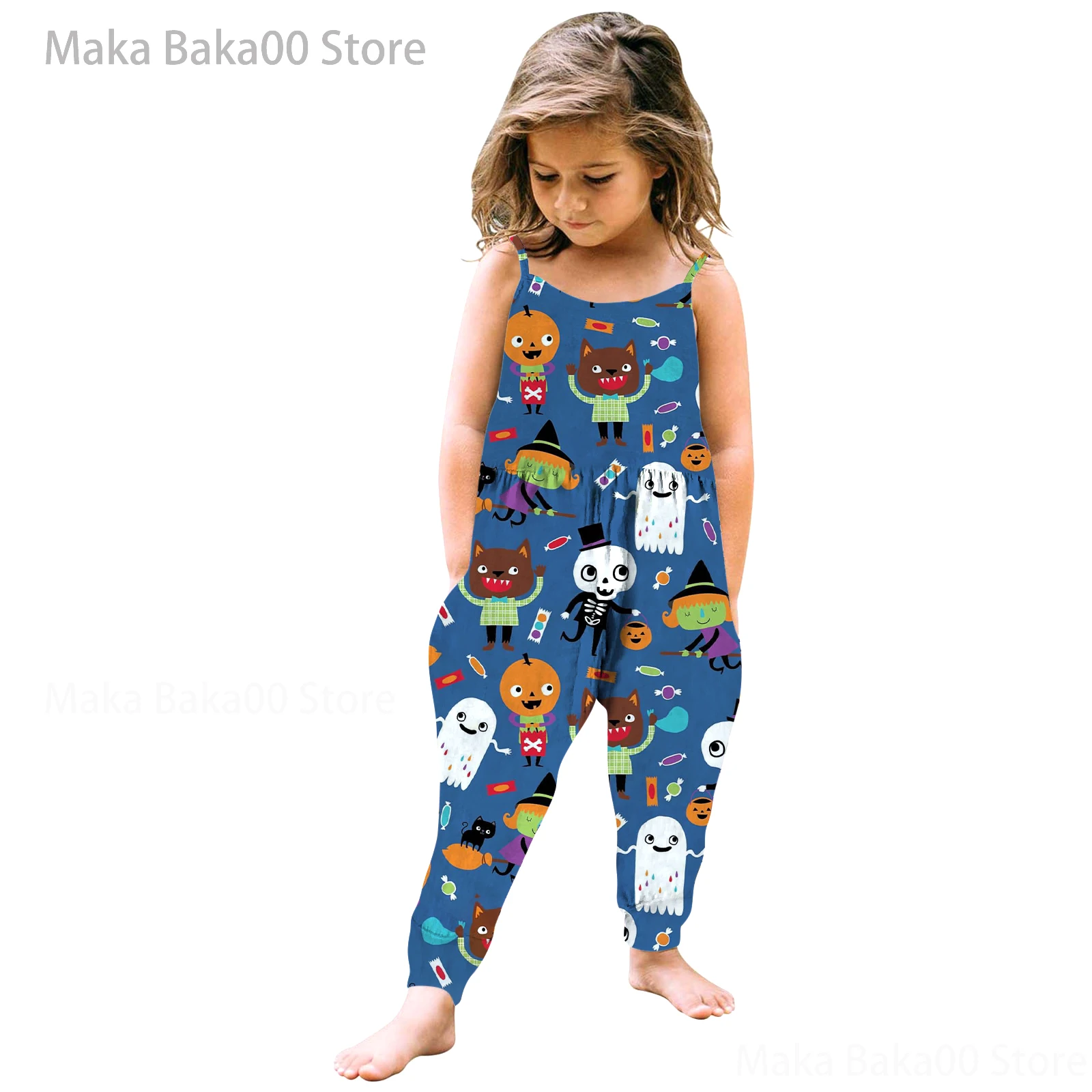 

New Halloween Pumpkin Sling Jumpsuit Casual Cartoon Printed Girls Models 2022 Summer New Children's Clothing Jumpsuit