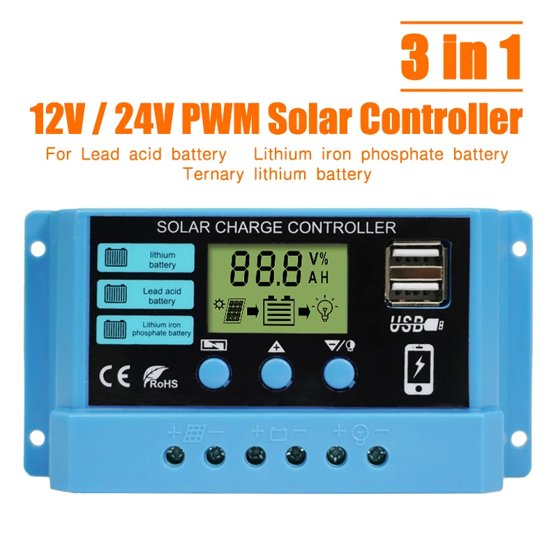

Солнечный контроллер, PV Контроллер заряда, 12 В, 24 В, 30 А, 20 А, 10 А, солнечный регулятор, ШИМ зарядное устройство, ЖК-дисплей, двойной USB 5 В выход