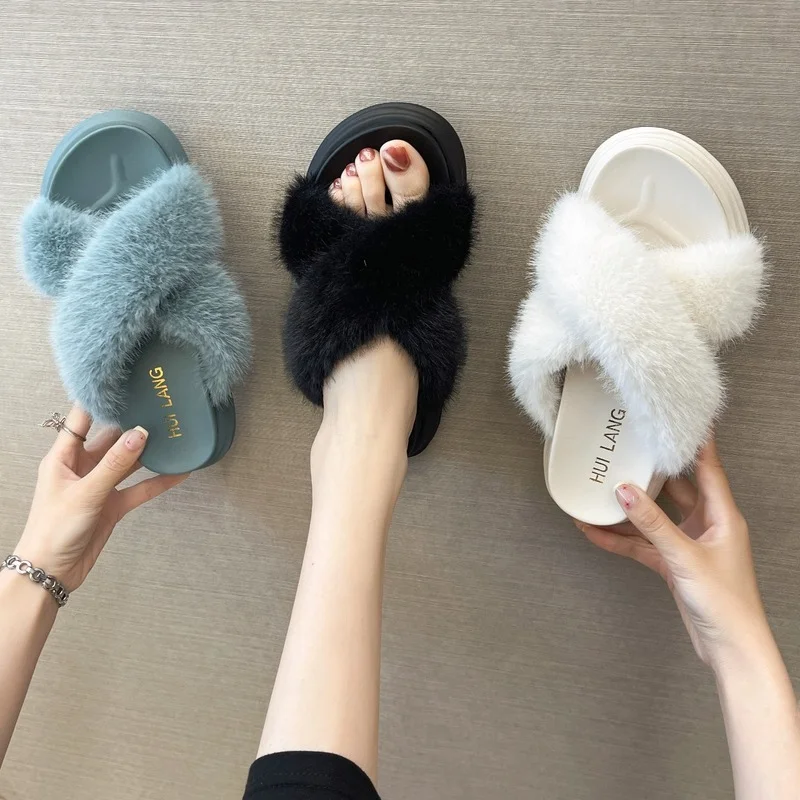 Thick Bottom Cross Plush Upper Sandals and Slippers Women's 2022 New Outer Wear Plush Women's Shoes Fashion Open Toe Slippers