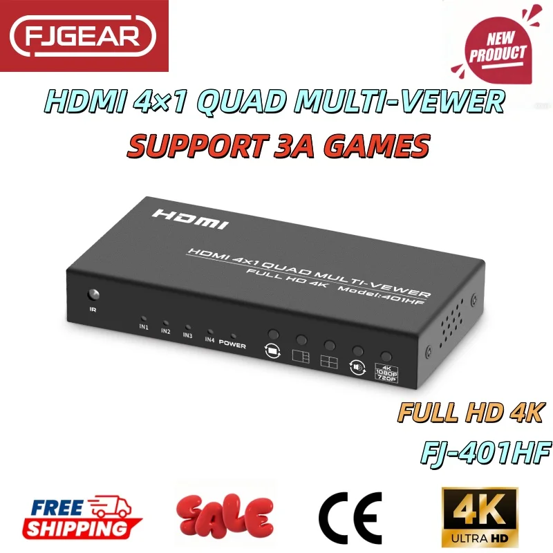 Фото FJGEAR 4K HDMI Quad Multi-Viewer 4x1 Бесшовный коммутатор 4 входа 1 выход, 5 режимов отображения, Full HD для камеры, ноутбука, ПК, телевизора №1