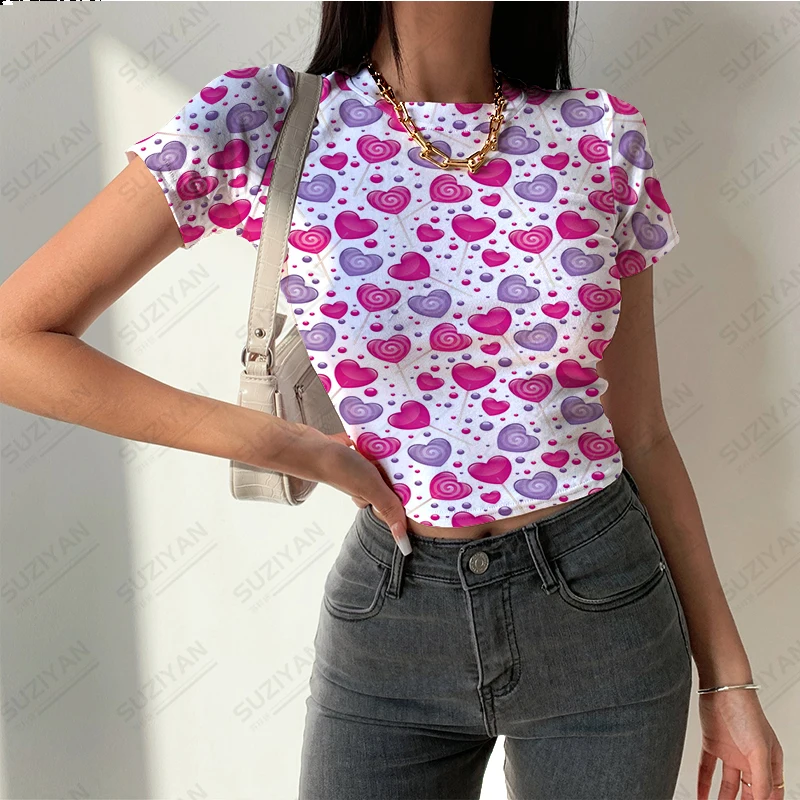 

Women's Summer New Short Top 3D Printed Love Fragmented Flower Short Sleeve T-shirt Women's Round Neck Pullover Sexy Style Top