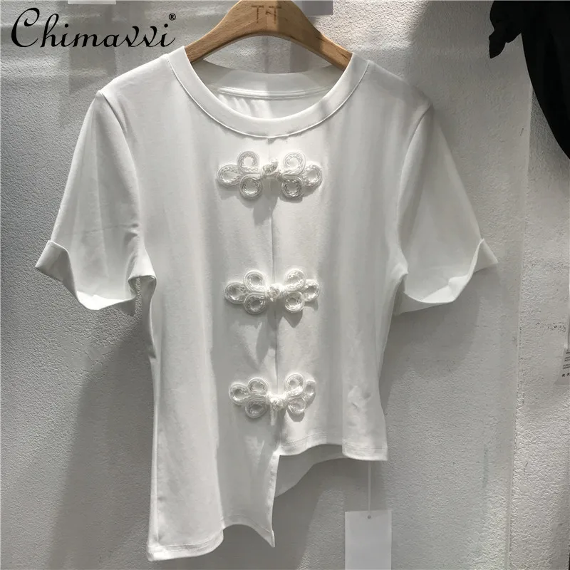 

Chinese Button Knots Irregular T-shirt Women's 2022 summer New Slimming All-Matching round Neck Short Sleeve Bottoming Shirt