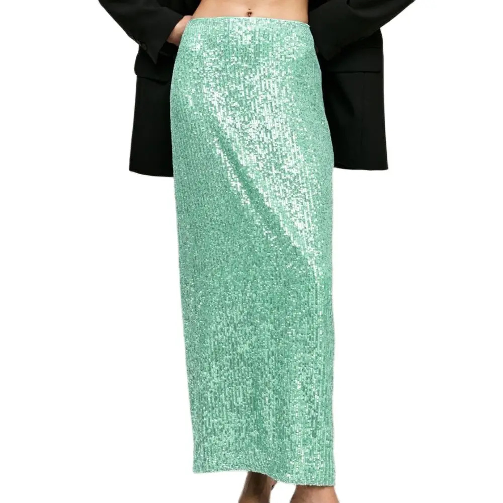 

Autumn Streetwear Sequin Back Split Long Skirt Women Fashion Casual Ladies Bottom Dress Club Party