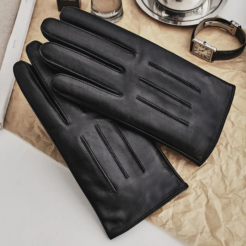 Sheepskin Gloves Male Black Real Leather Short Style Thermal Velvet Lined Thicken Autumn Winter Men Driving Gloves NM792