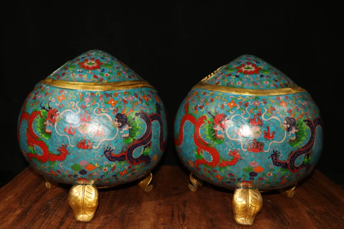 14Tibet Temple Collection Old Bronze Cloisonne Dragon pattern three leaf Longevity Peach incense burner A pair Worship Hall