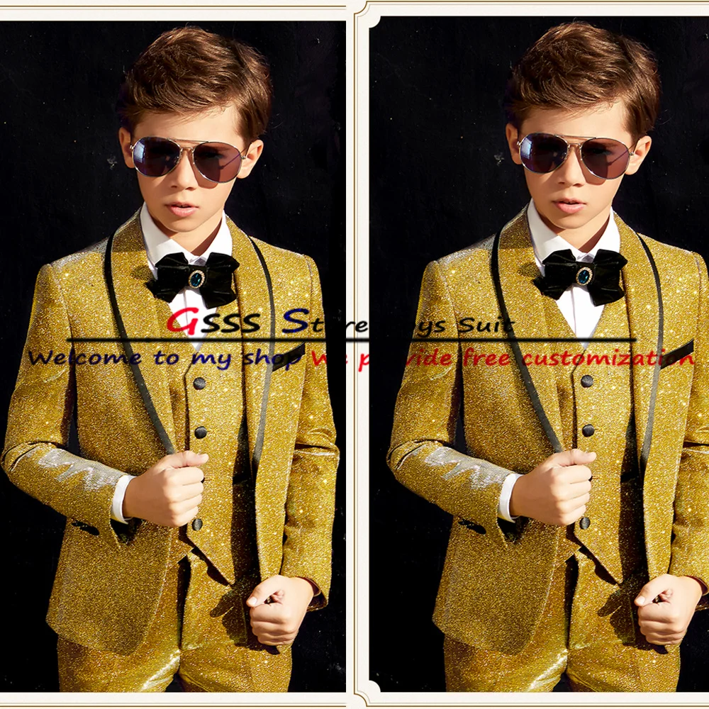 3 Piece Suits For Boys Tuxedo Wedding Jacket Pants Vest Shiny Silk Child Blazer Set 3-16 Years Old Custom Complete Outfit
